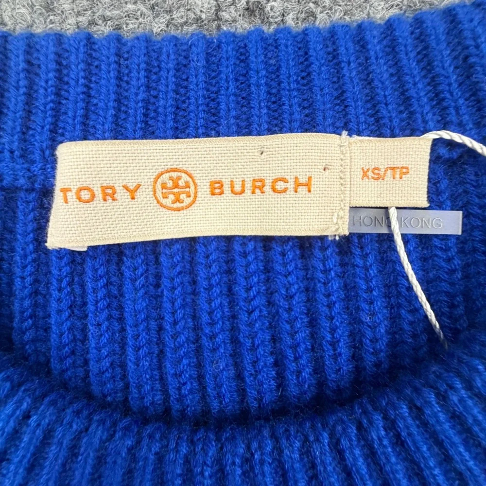 Tory Burch Blue Performance Merino Wool Ribbed Racing Stripe Sweater XS NWOT